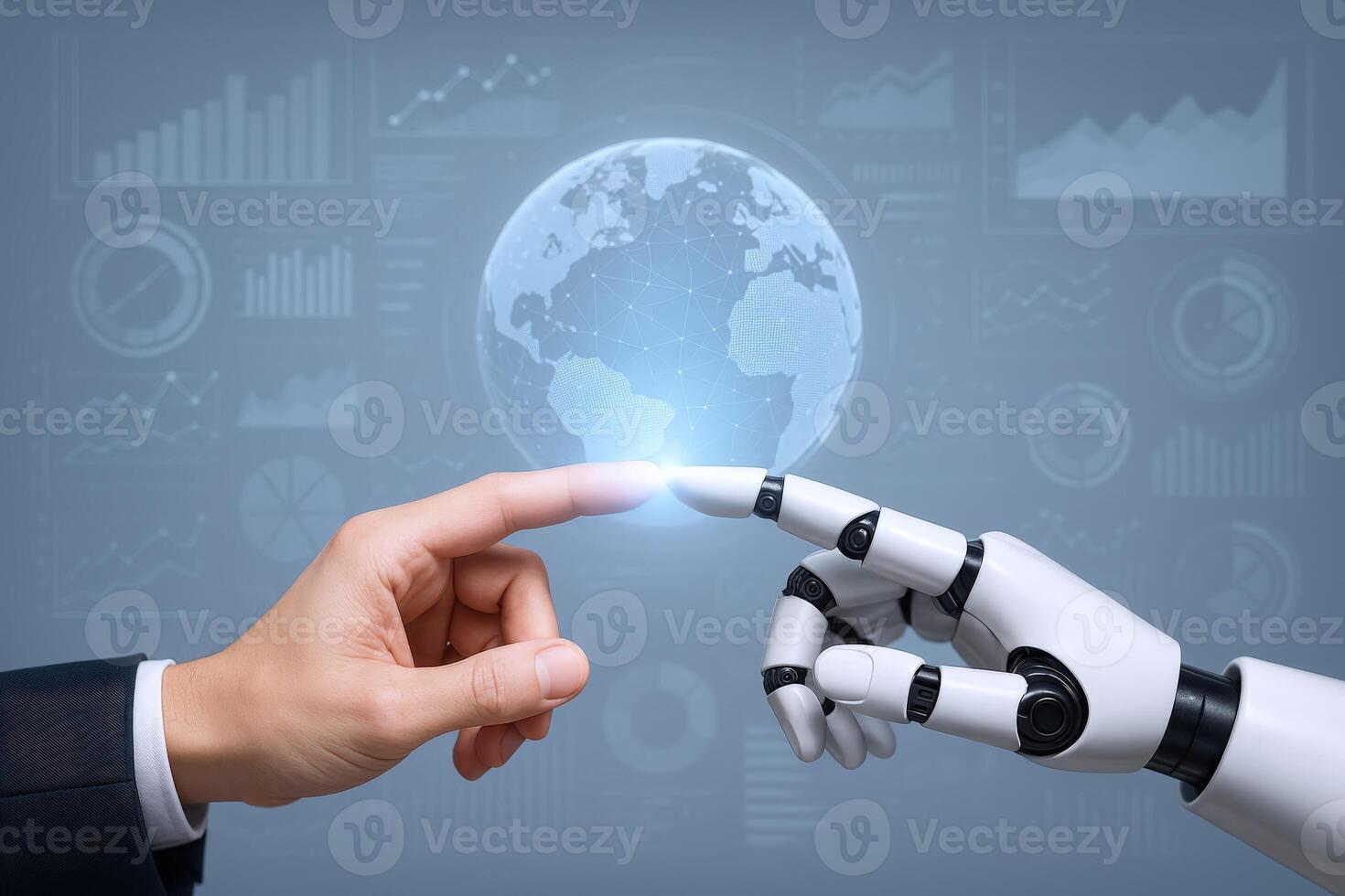 Human and Robot Hands Touching with Digital Globe and Data, Representing Artificial Intelligence and Technology photo