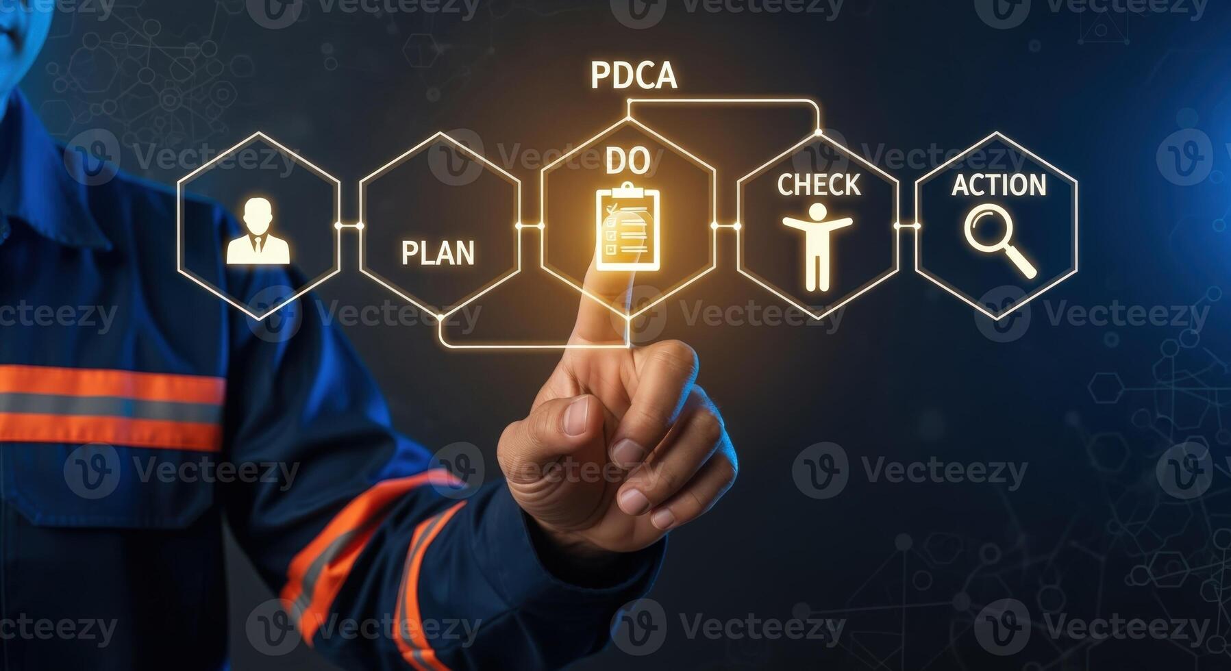PDCA Cycle Presentation Business Professional Demonstrates Plan, Do, Check, Act Methodology for Continuous Improvement and Quality Management photo