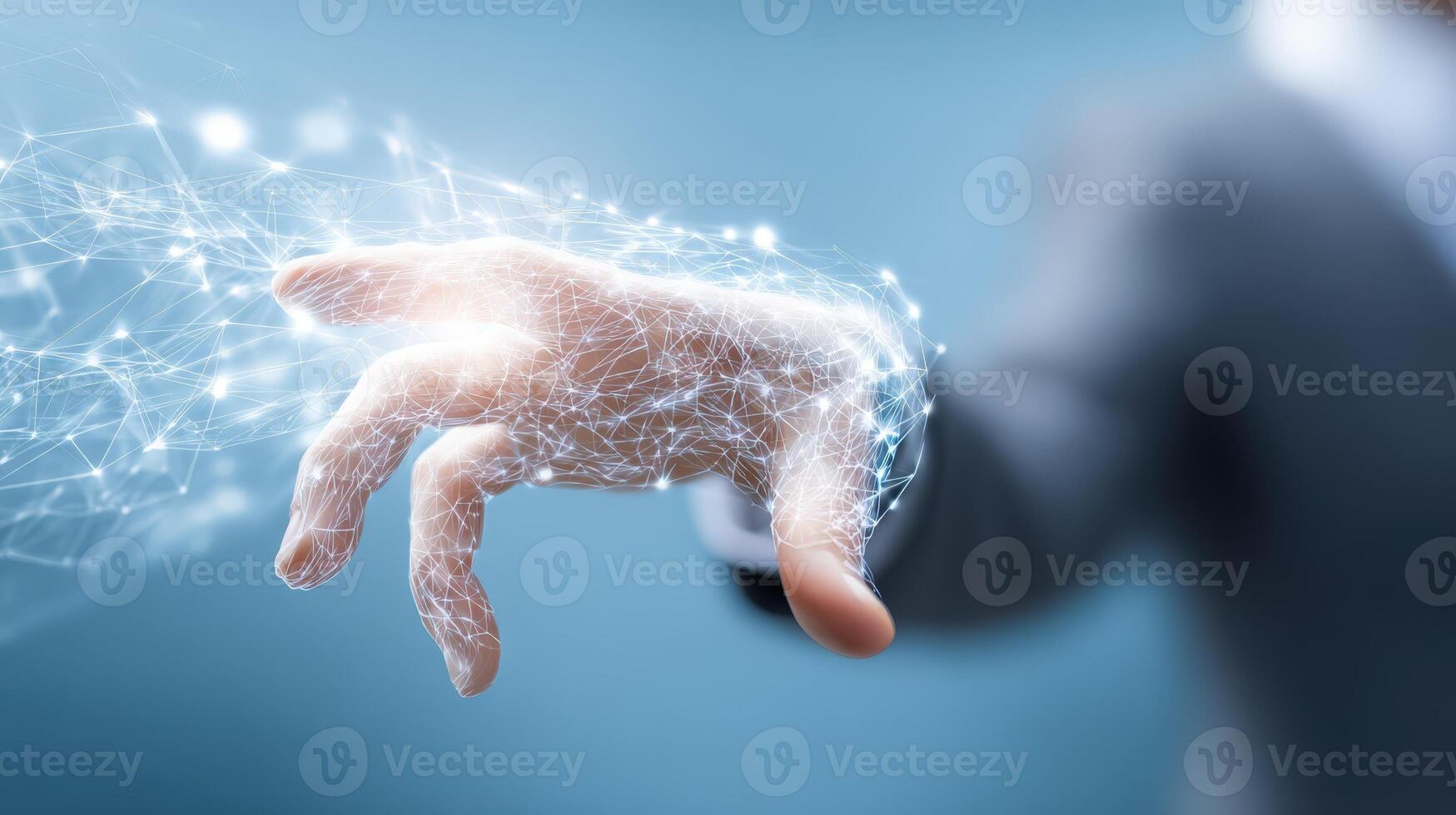 Connecting Hand Reaching Out in Digital Space Representing Future Technology, Data, Connection, Innovation and Artificial Intelligence photo