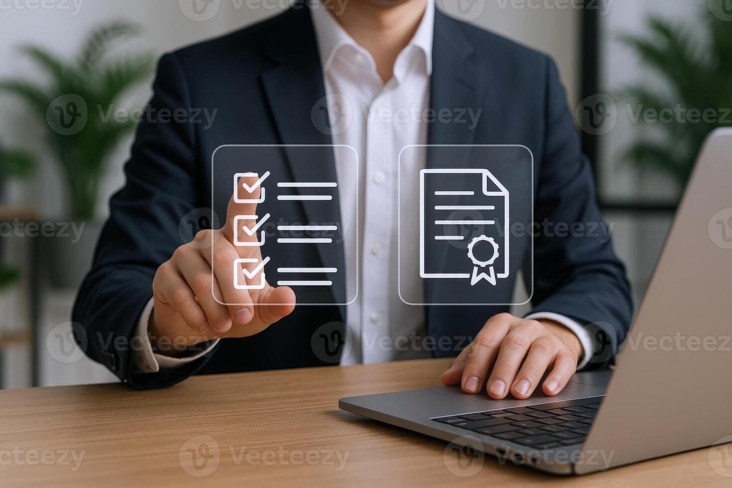 Digital Compliance Concept Businessman Interacting with Checklist and Certificate Icons on Virtual Interface photo