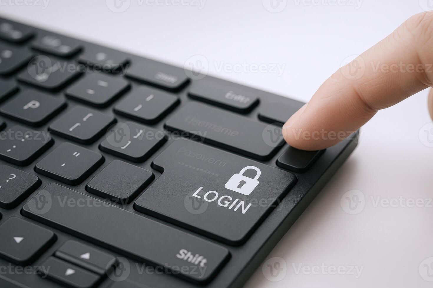 Finger presses login key on computer keyboard, securing online access with password protection and data safety photo