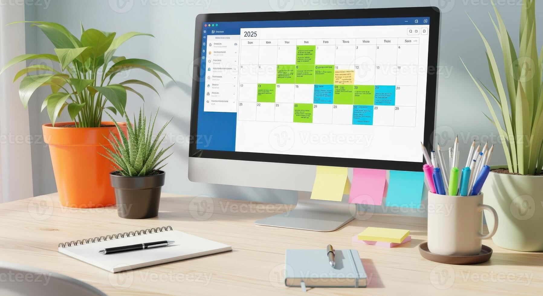 Calendar on Computer Screen Displaying Schedule and Task Deadlines with Stationery, Planner and Plants photo