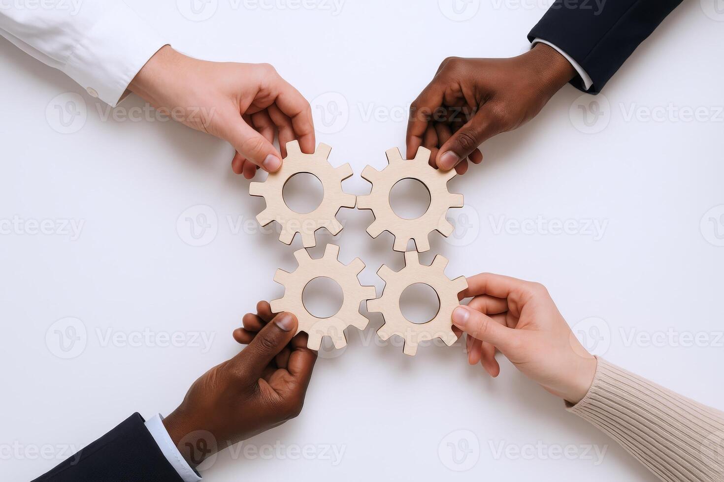 Diverse Team Collaboration Hands Assembling Interlocking Gears to Symbolize Unity and Successful Problem-Solving on White Background photo