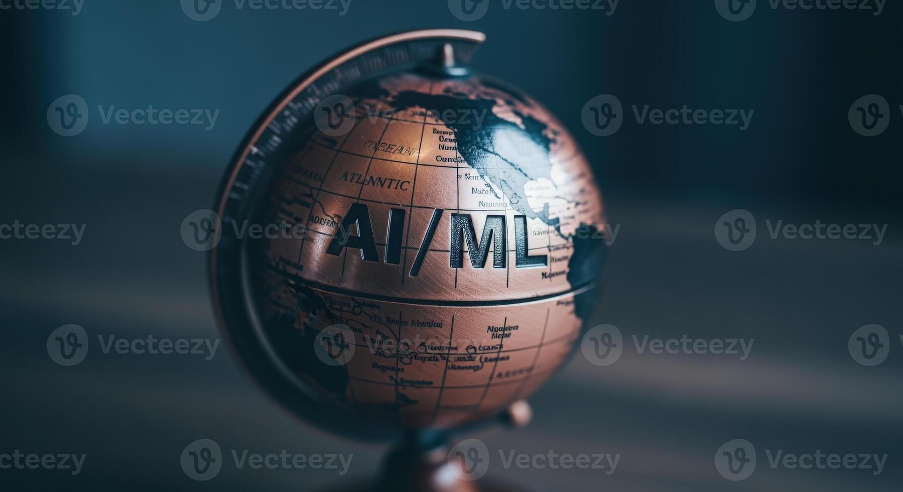 Artificial Intelligence and Machine Learning Global Concept Metal Globe Featuring AIML Text in Dim Lighting photo