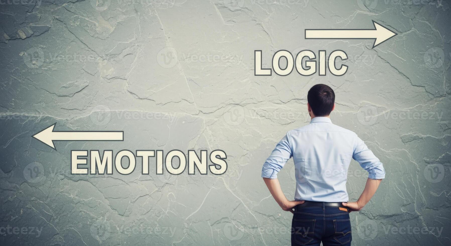Decision Making Man Contemplates Emotions Versus Logic with Arrows on a Textured Gray Background photo
