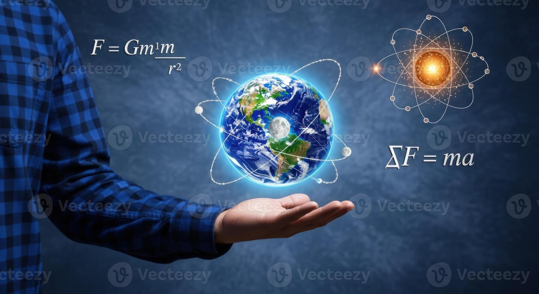 Conceptual Image of Physics Principles Showing Gravitys Influence on Earth and Atomic Structure in Hand photo
