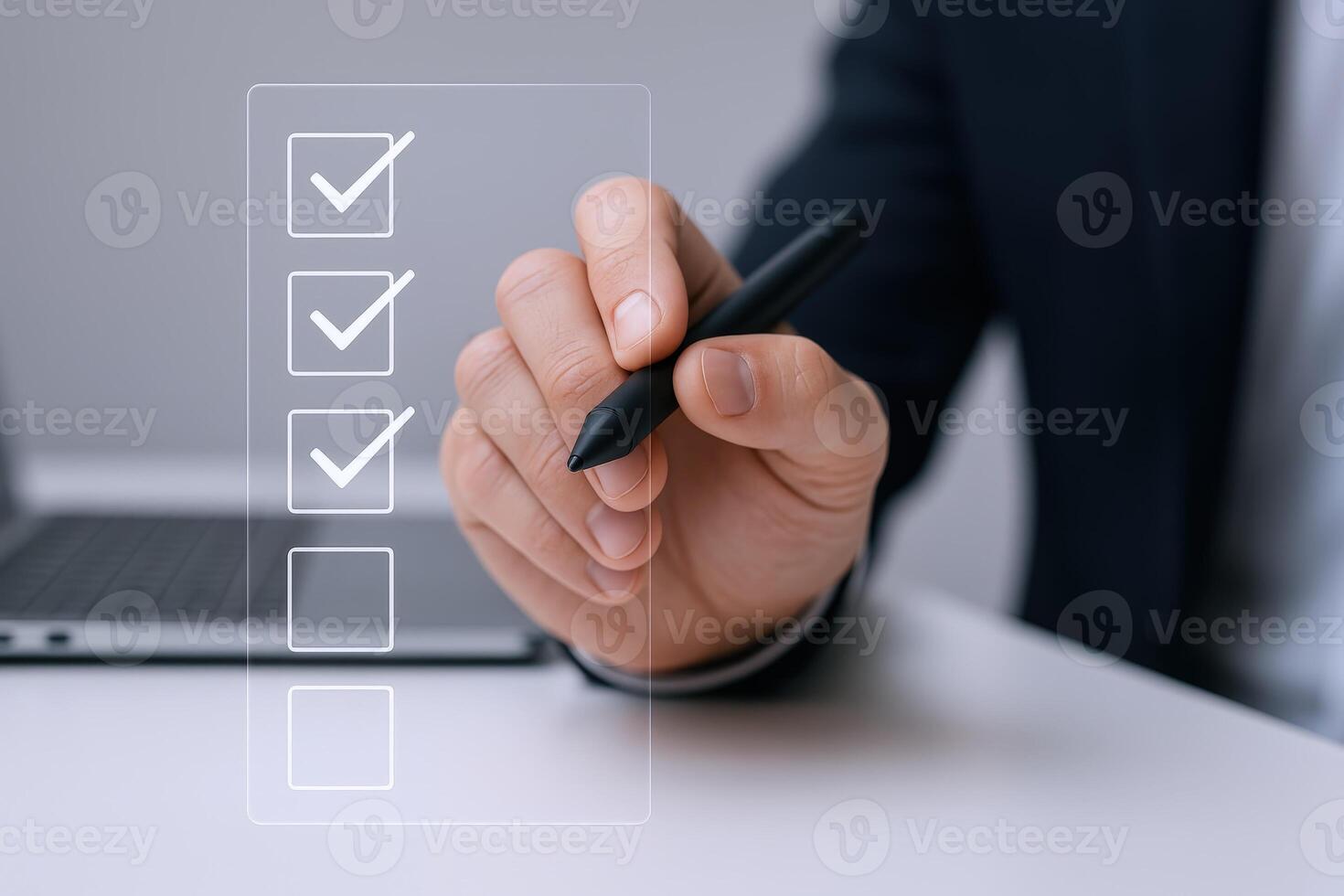 Completing Checklist Digitally Hand with Stylus Marking Tasks on Virtual Interface for Business Efficiency photo