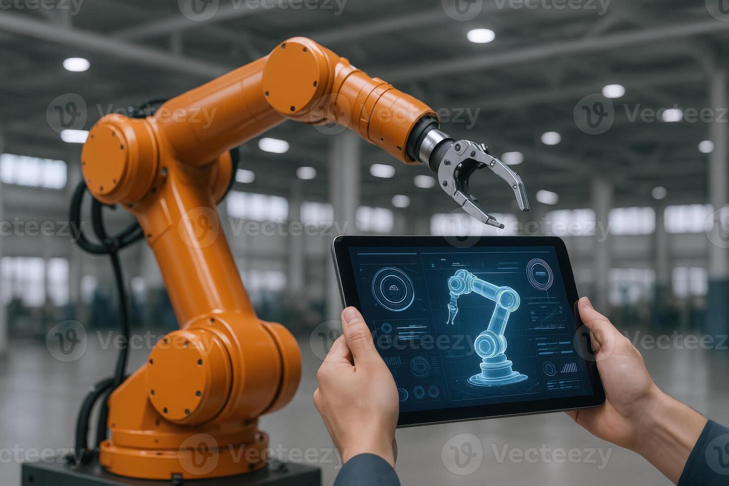 Industrial Robot Controlled Via Tablet High-Tech Manufacturing Solution for Increased Efficiency and Automation photo
