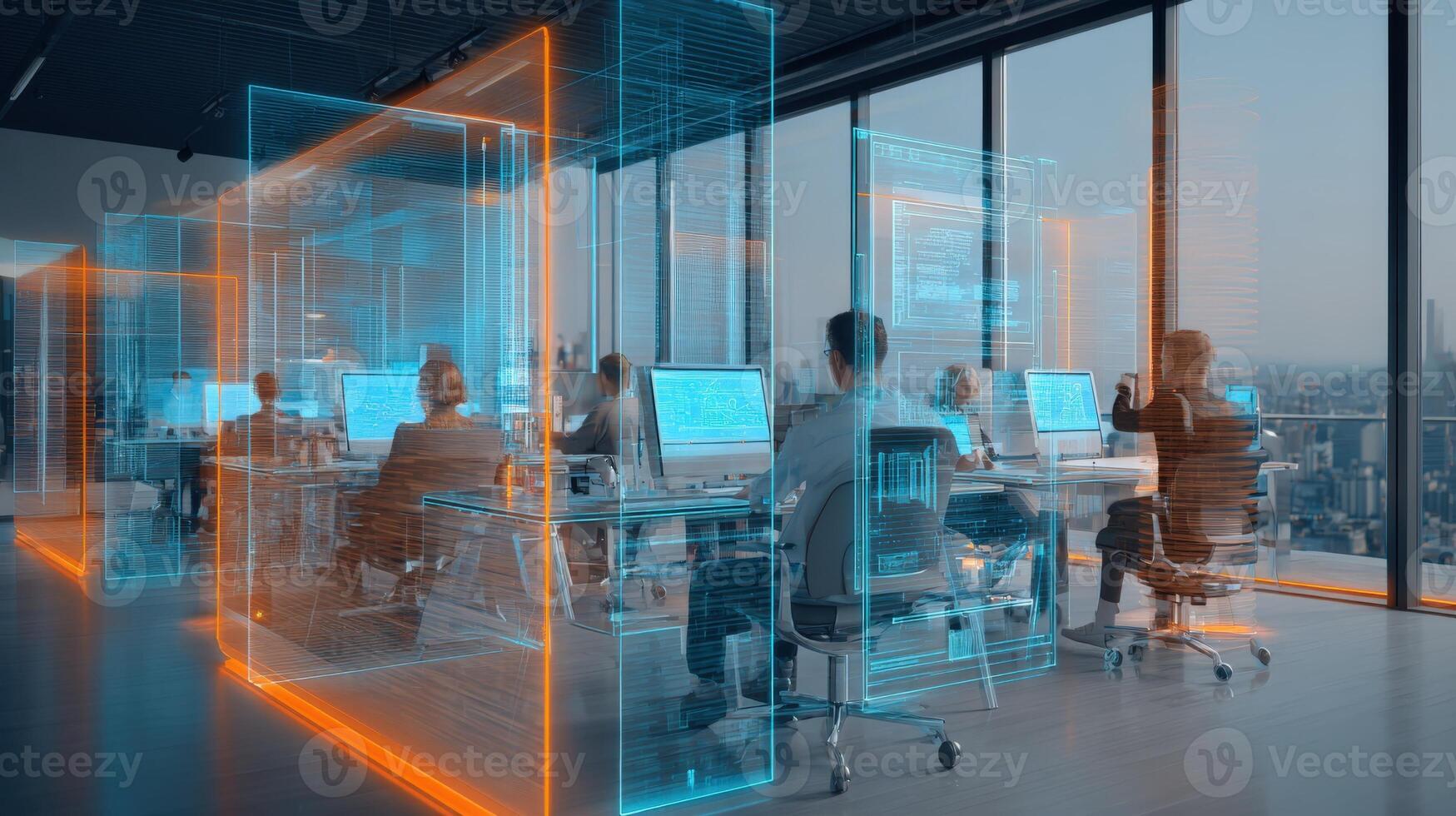 Modern Office with Augmented Reality Interface Showing Data and Technology Integration for Business Operations photo