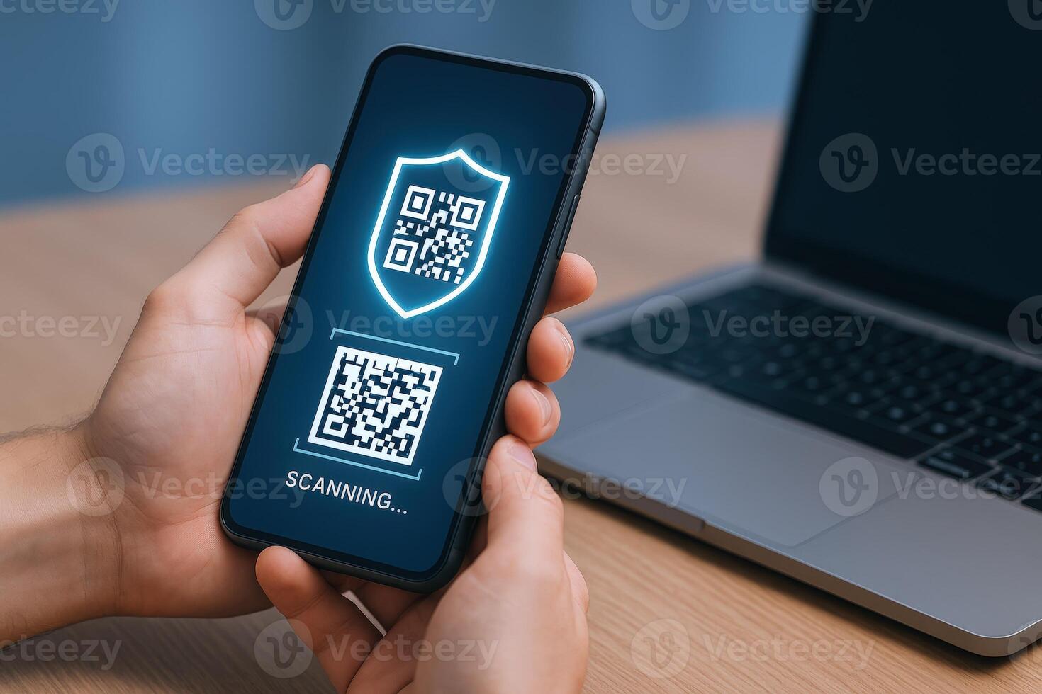 Scanning QR Code on Smartphone for Secure Verification and Authentication with Laptop Background photo