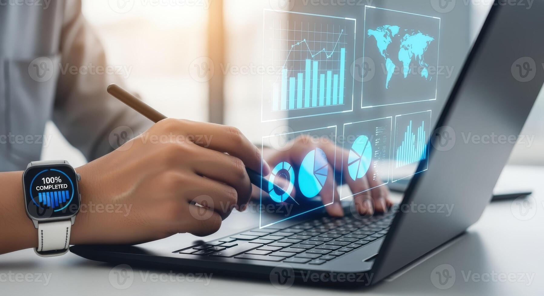 Data Visualization on Laptop Screen with Person Analyzing Business Charts and Global Network Connectivity photo