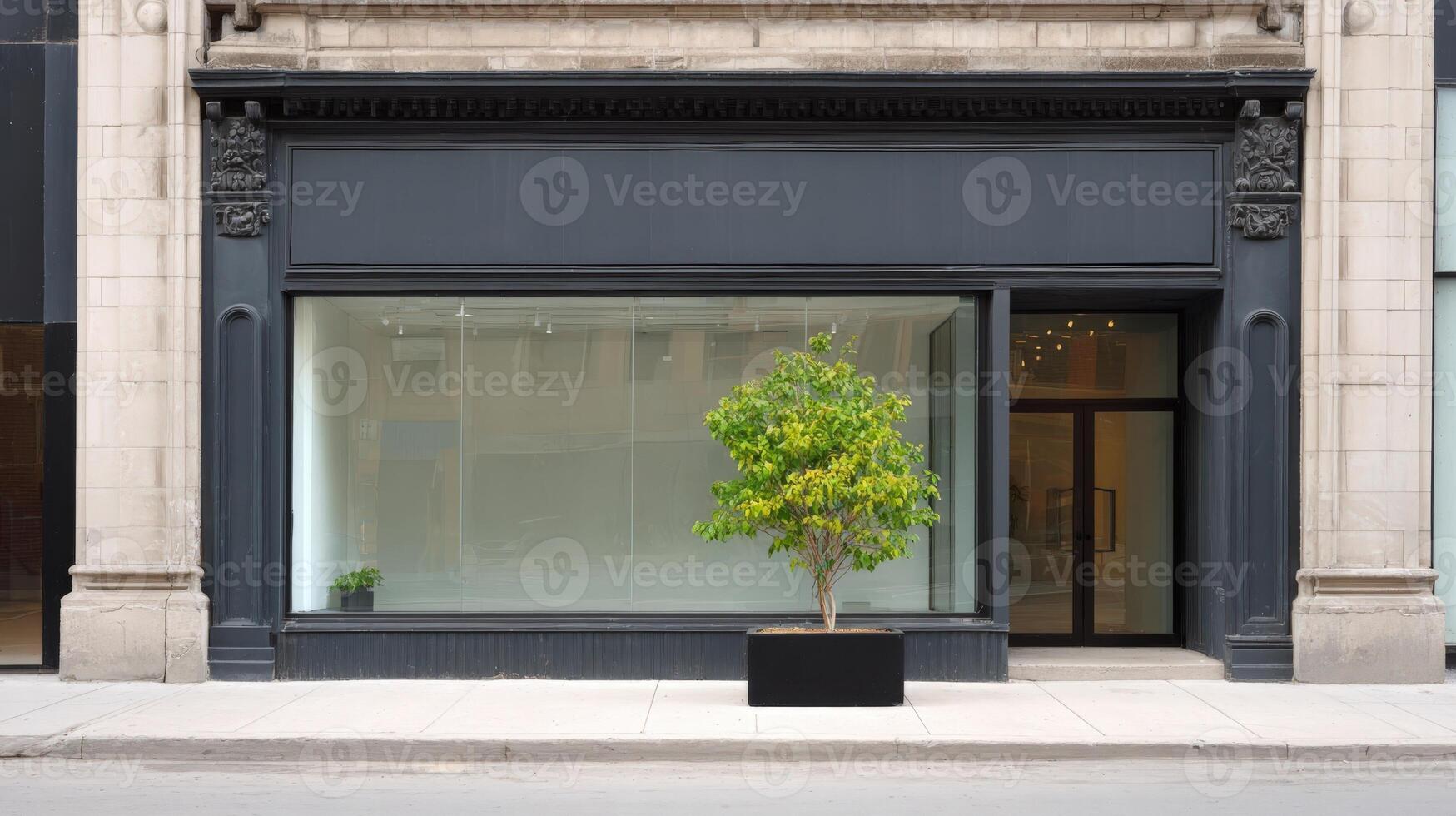 Storefront with Empty Window Display and a Small Tree in Front, Ready for Customization photo