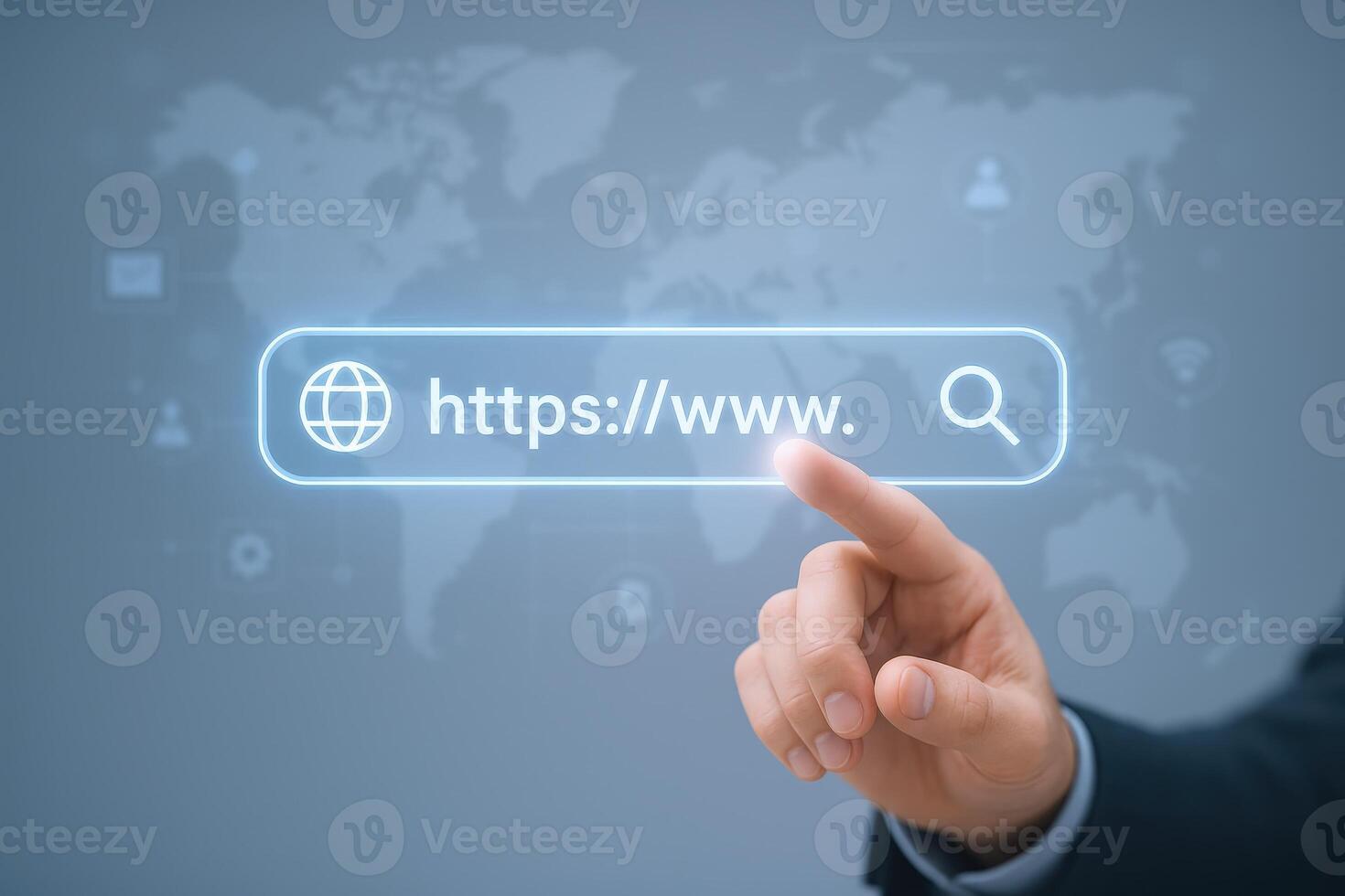 Internet Search Concept Hand Pointing at Illuminated Address Bar on World Map Background photo