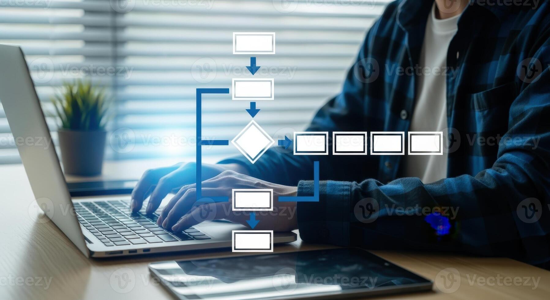 Workflow Process Automation Concept Man Working on Laptop with Digital Flowchart Interface Displayed photo