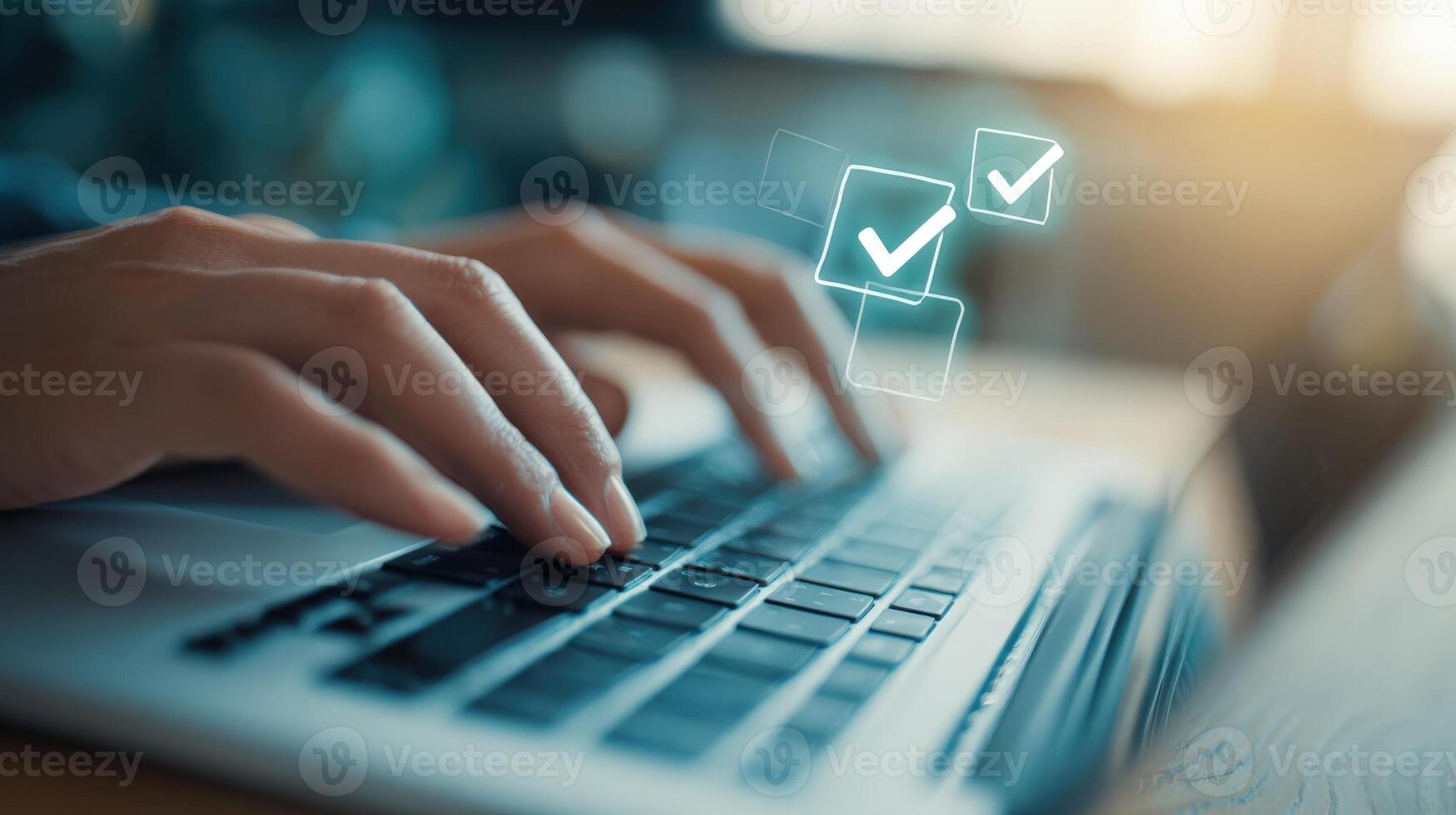 Hands Typing on Laptop with Checkmarks Overlay Task Completion and Approval Concept photo