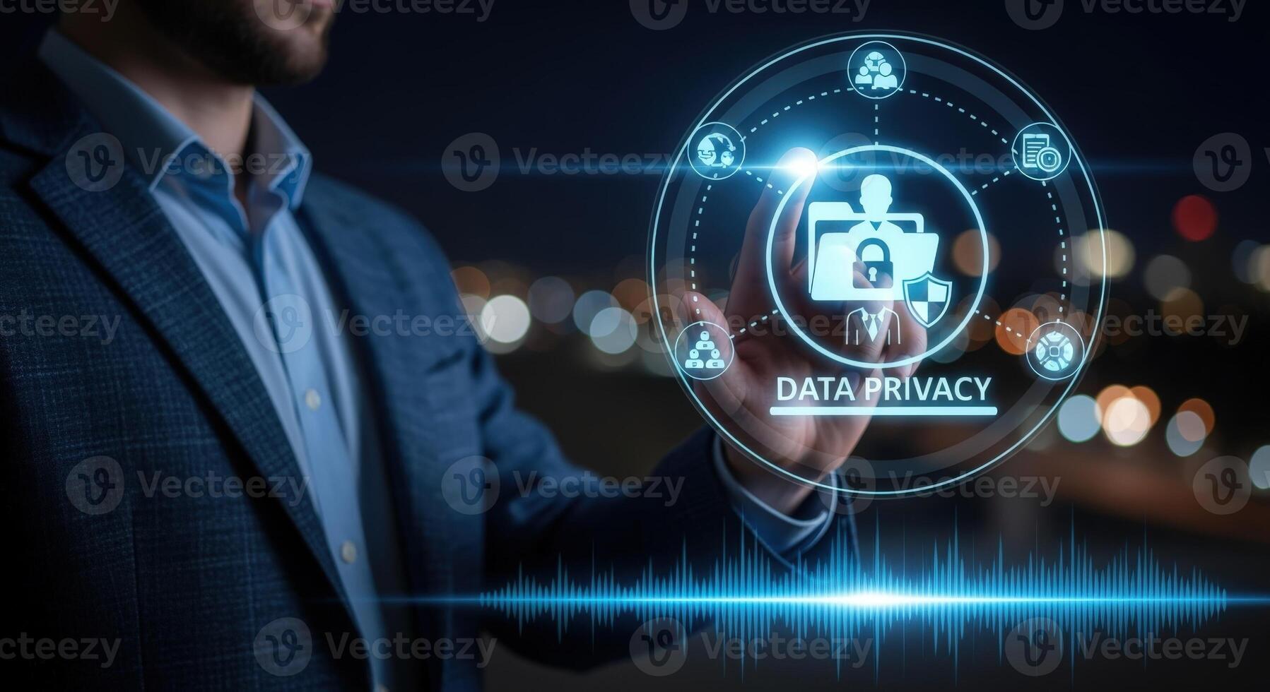 Data Privacy Protection Technology Concept Businessman Interacting with Digital Interface for Secure Information Management photo