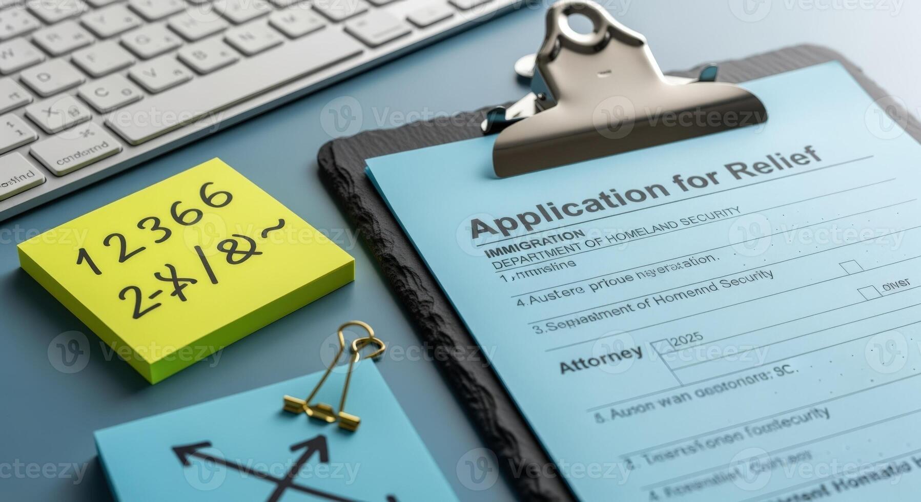 Application for Relief Form on Clipboard with Keyboard, Notes - Immigration Document Concept photo