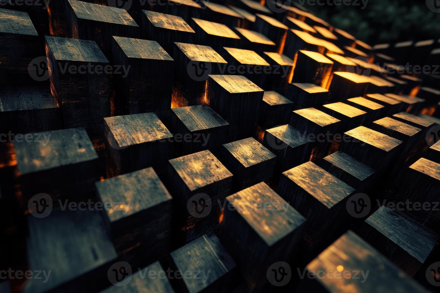 Abstract design of illuminated wooden blocks in dark setting at dusk photo