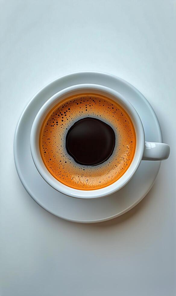 Rico elaborada café en un blanco jarra sentado en un suave ligero superficie en el Mañana ligero. foto