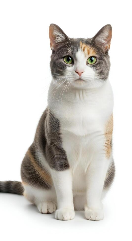 Cat background, Cat wallpaper, A calico cat with green eyes sits attentively on a white background displaying its distinctive patched fur pattern photo