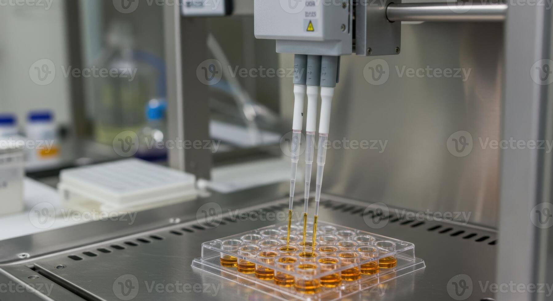 Automated liquid handling system pipetting amber liquid into multi well plate photo