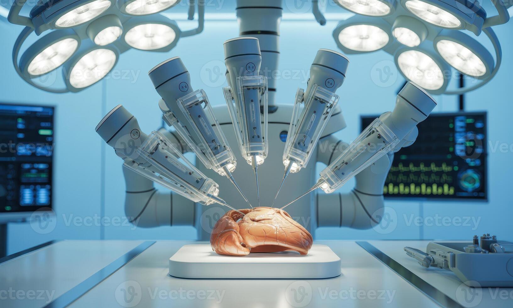 Advanced robotic surgical system performing a delicate procedure on a human brain model photo