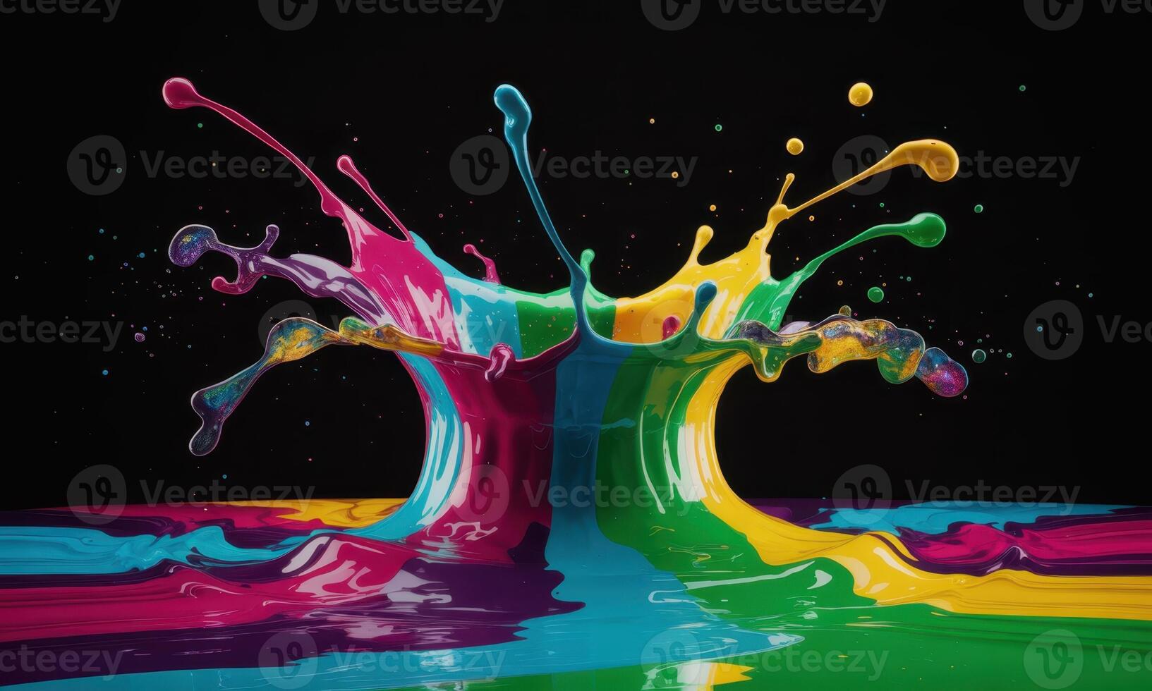 Vibrant multi color liquid paint splash exploding on black background with dynamic droplets photo