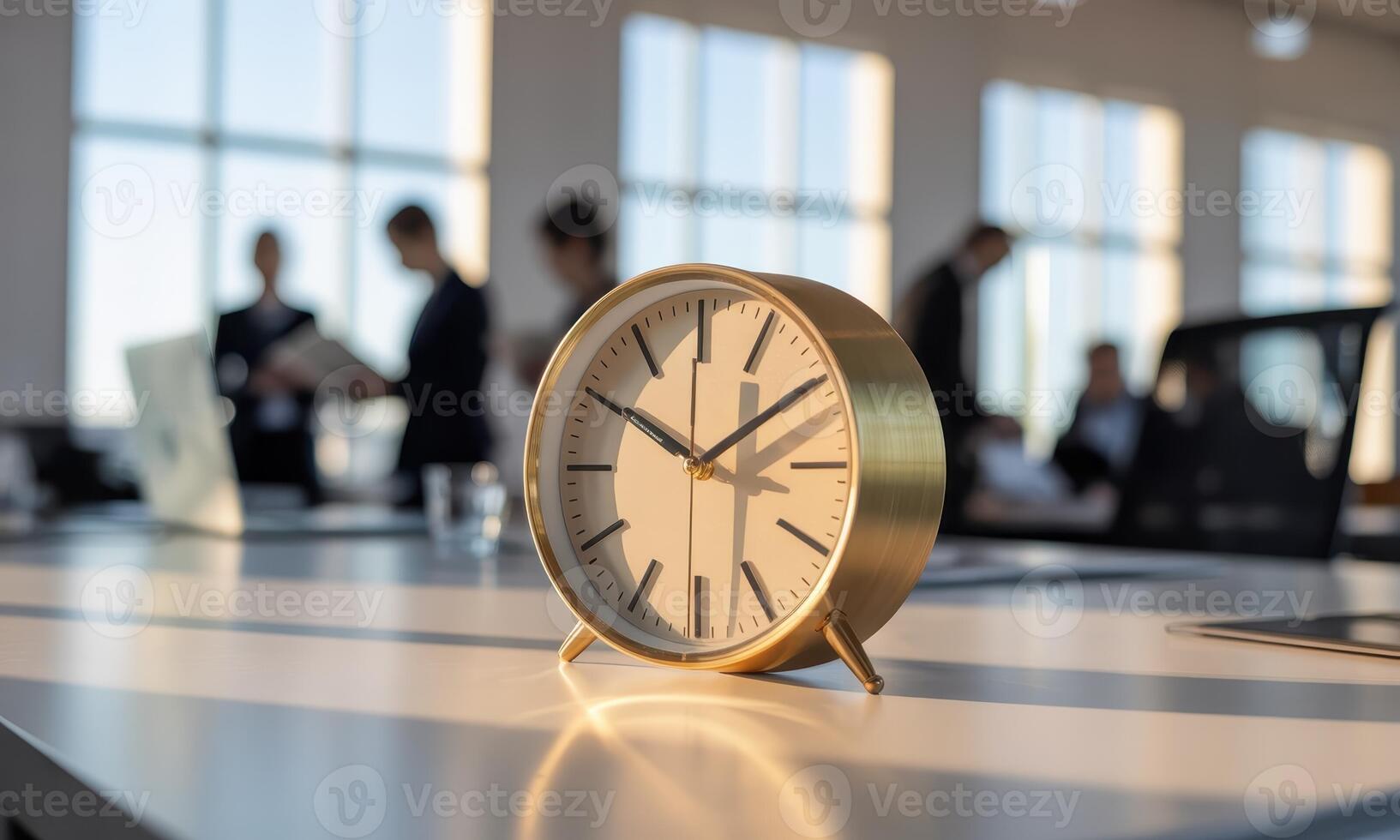 Golden analog clock on a modern office desk, symbolizing time management and productivity photo