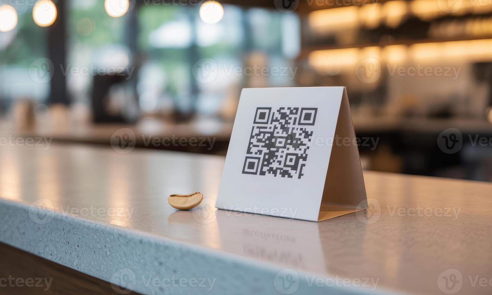 Digital payment QR code stand for coffeelove on a modern cafe counter with a coffee bean photo