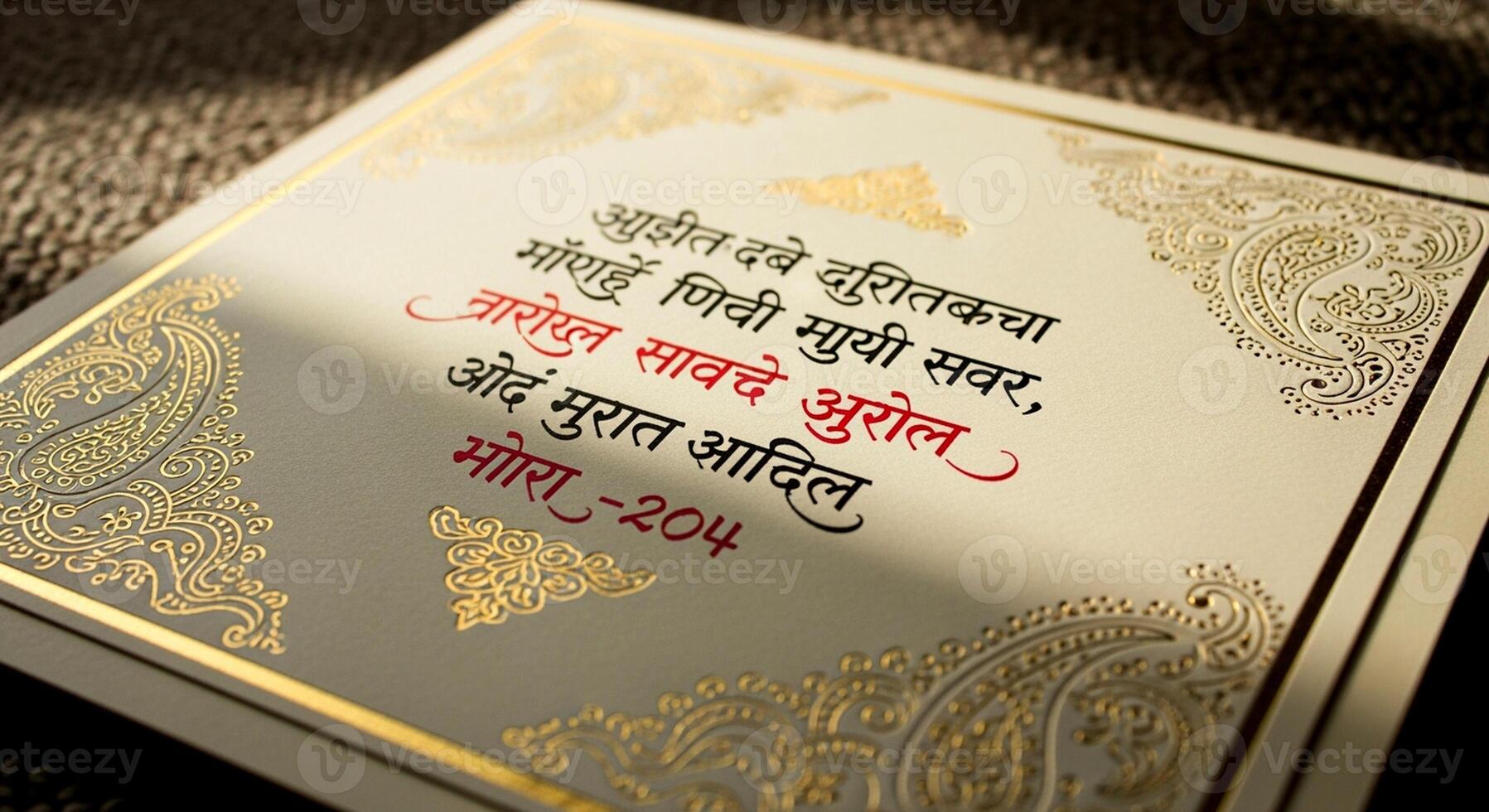Close-up of a decorative box with intricate gold patterns and Marathi script, featuring elegant typography and a warm, inviting aesthetic. photo