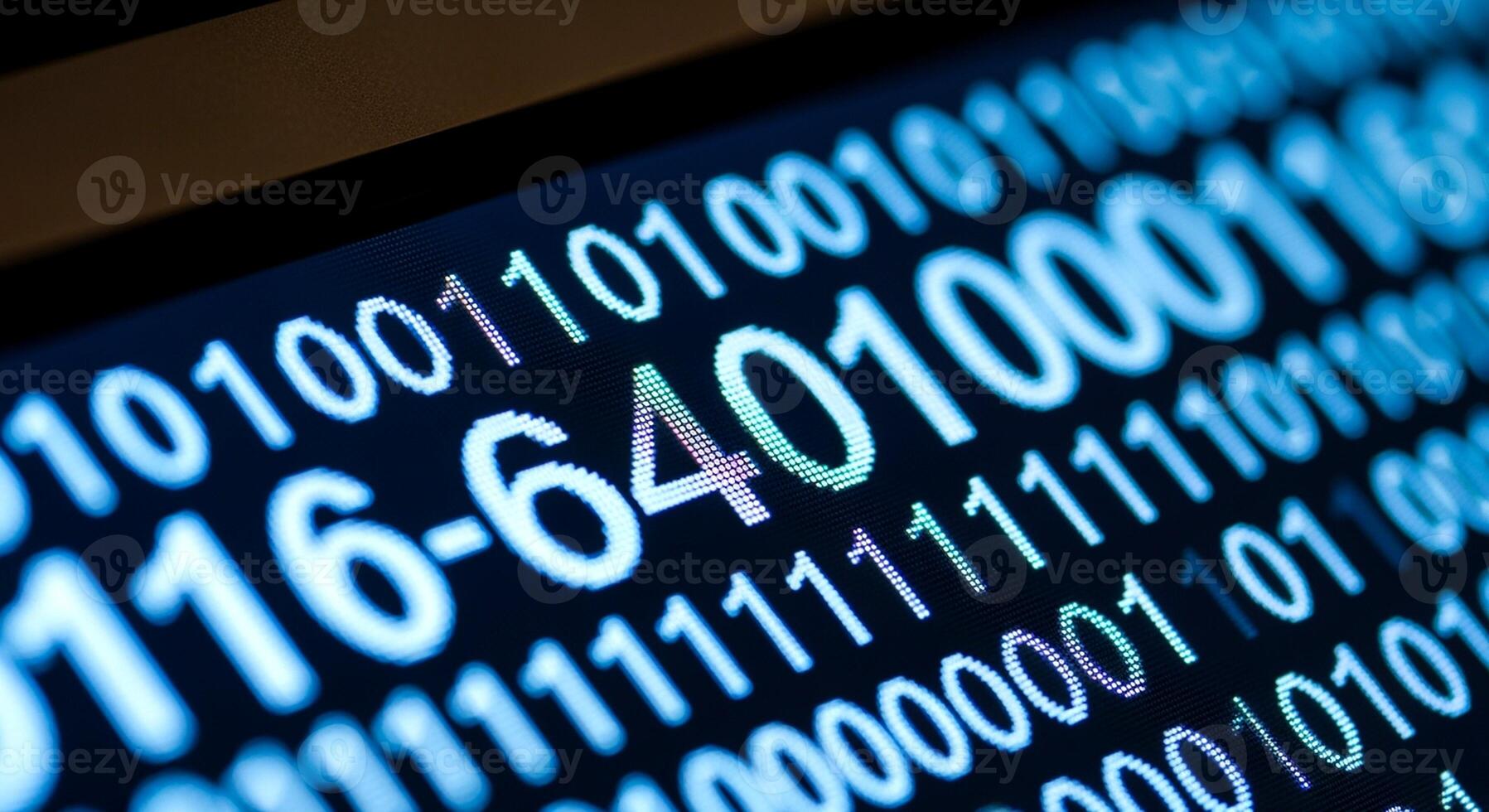 Close-up of blue binary code and numbers on a digital screen, representing data and technology. photo