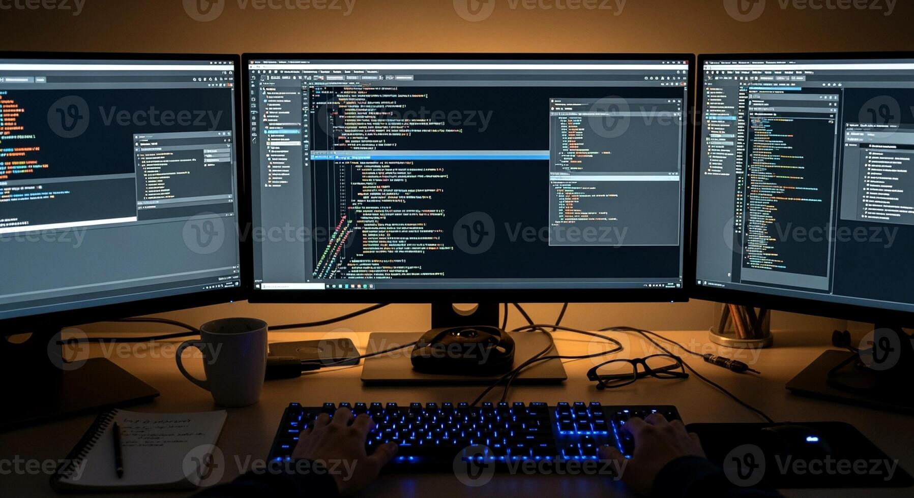 Coding workspace with multiple monitors displaying software code. photo