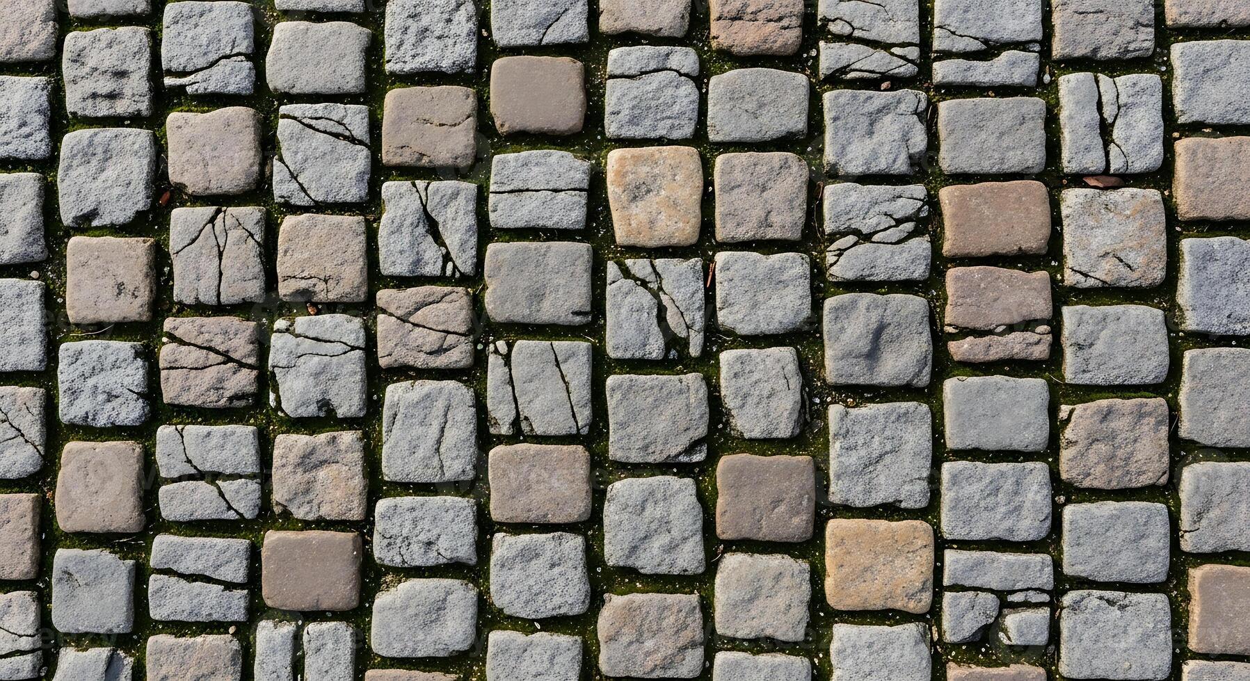 Overhead view of a stone pavement with cracks and moss between the stones in a square pattern photo