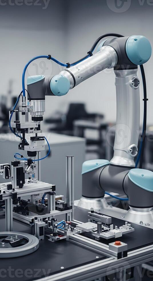 Robotic arm performing a task in an automated factory setting with precision and efficiency shown photo