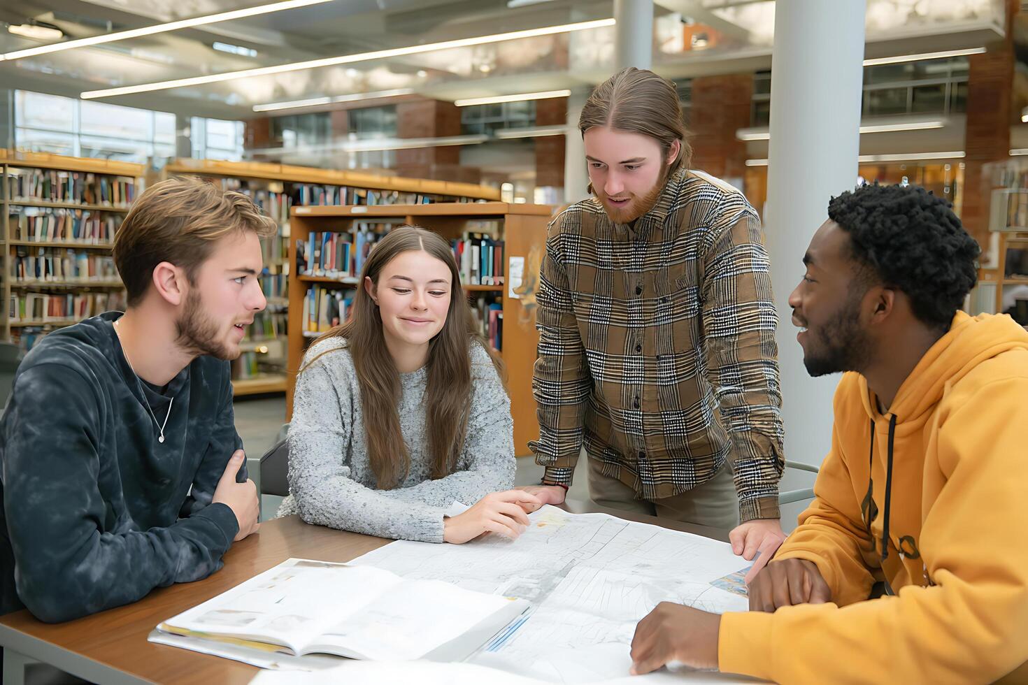A diverse team of four students gathered around a table, analyzing a large map in a university library. photo