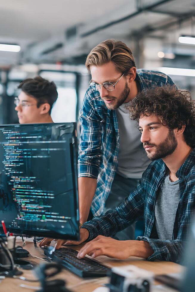 dos desarrolladores colaborando en código a computadora en moderno oficina espacio foto