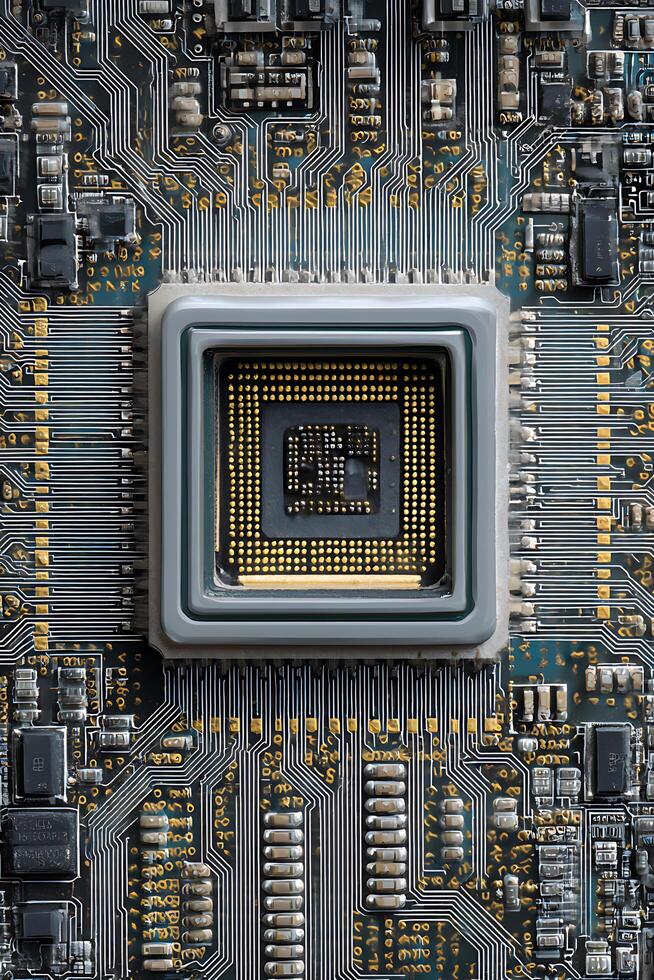 The Technological Heart, Symmetrical Macro View of a CPU on an Intricate Circuit Board photo