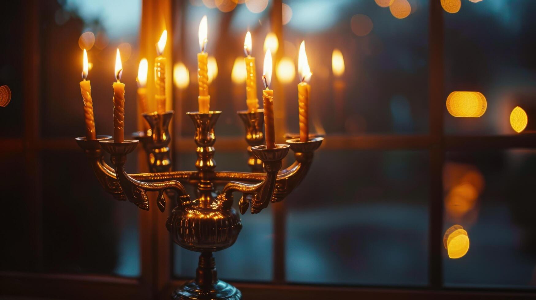 A candle is lit on a table in front of a window photo