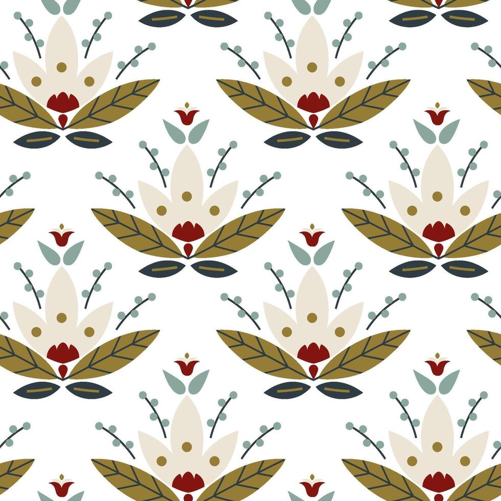 Seamless pattern with folk flower and leaves in nordic style. Elegant Scandinavian ornament with cozy rustic mood. Perfect design for fabric, wrapping paper, wallpapers and festive projects vector