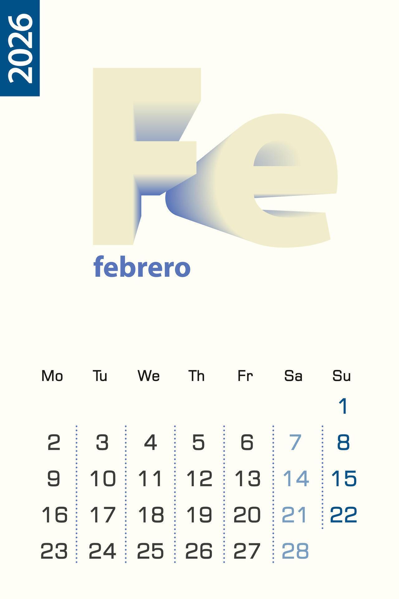 Minimalist calendar template for February 2026 calendar in Spanish Minimalist calendar template for February 2026 calendar in Spanish