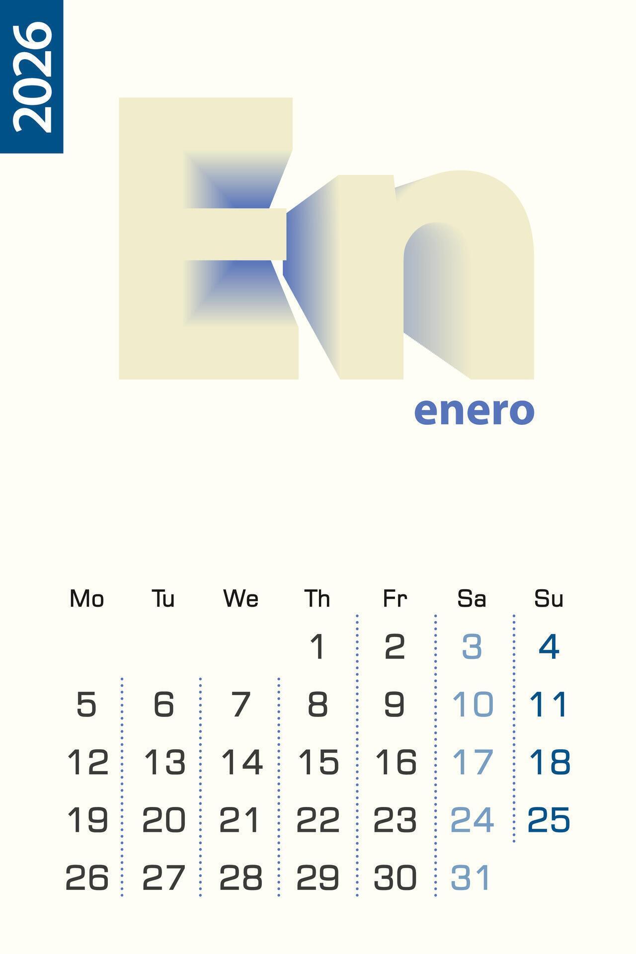 Minimalist calendar template for January 2026 calendar in Spanish Minimalist calendar template for January 2026 calendar in Spanish