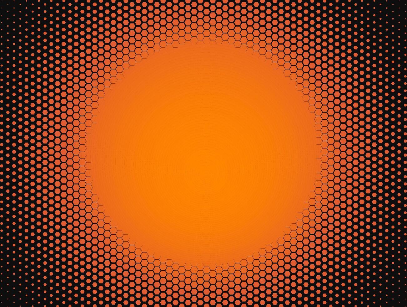 Hexagon halftone radial pattern with orange red gradient texture. Warm sunny BG. Abstract radiant honeycomb background for nature banner, cover, web design, tech poster or print. illustration vector