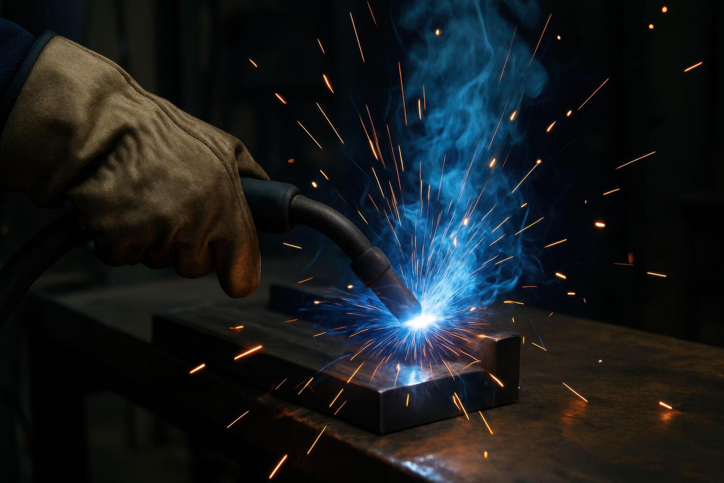 Close up of a welder working with metal, creating bright sparks and intense light during the welding process in a dark workshop. photo