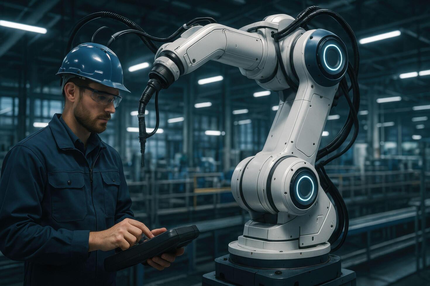 Engineer operating advanced robotic arm in a modern smart factory. photo