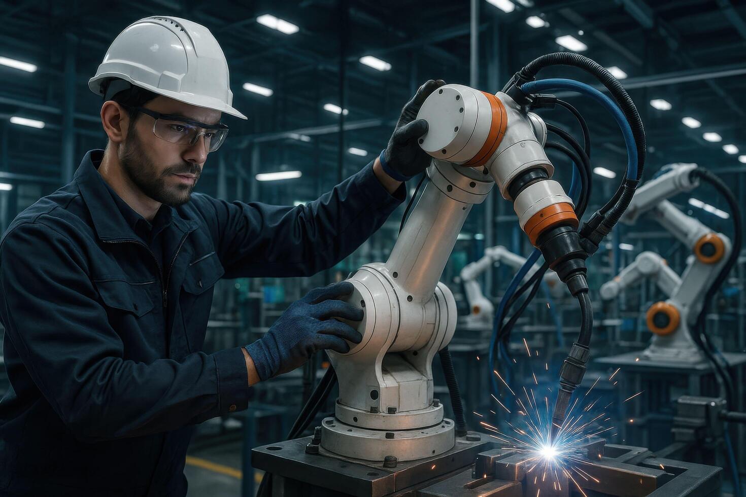 Engineer Working With Robotic Arm in Modern Factory. photo
