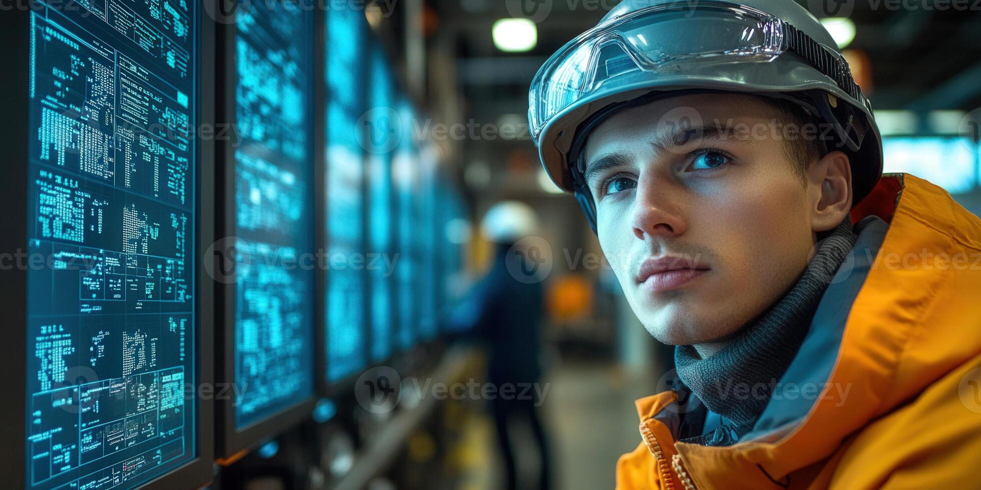 A young engineer in a factory, focusing on monitors displaying critical data for work. photo
