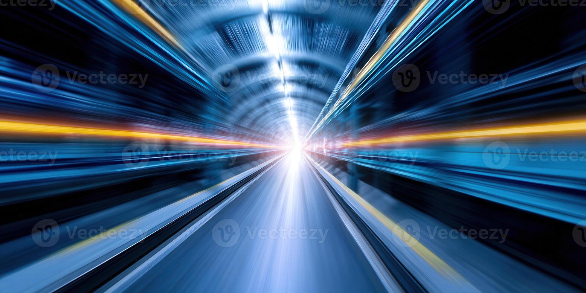 Dynamic perspective of a brightly lit tunnel, creating a sense of rapid movement and speed. photo
