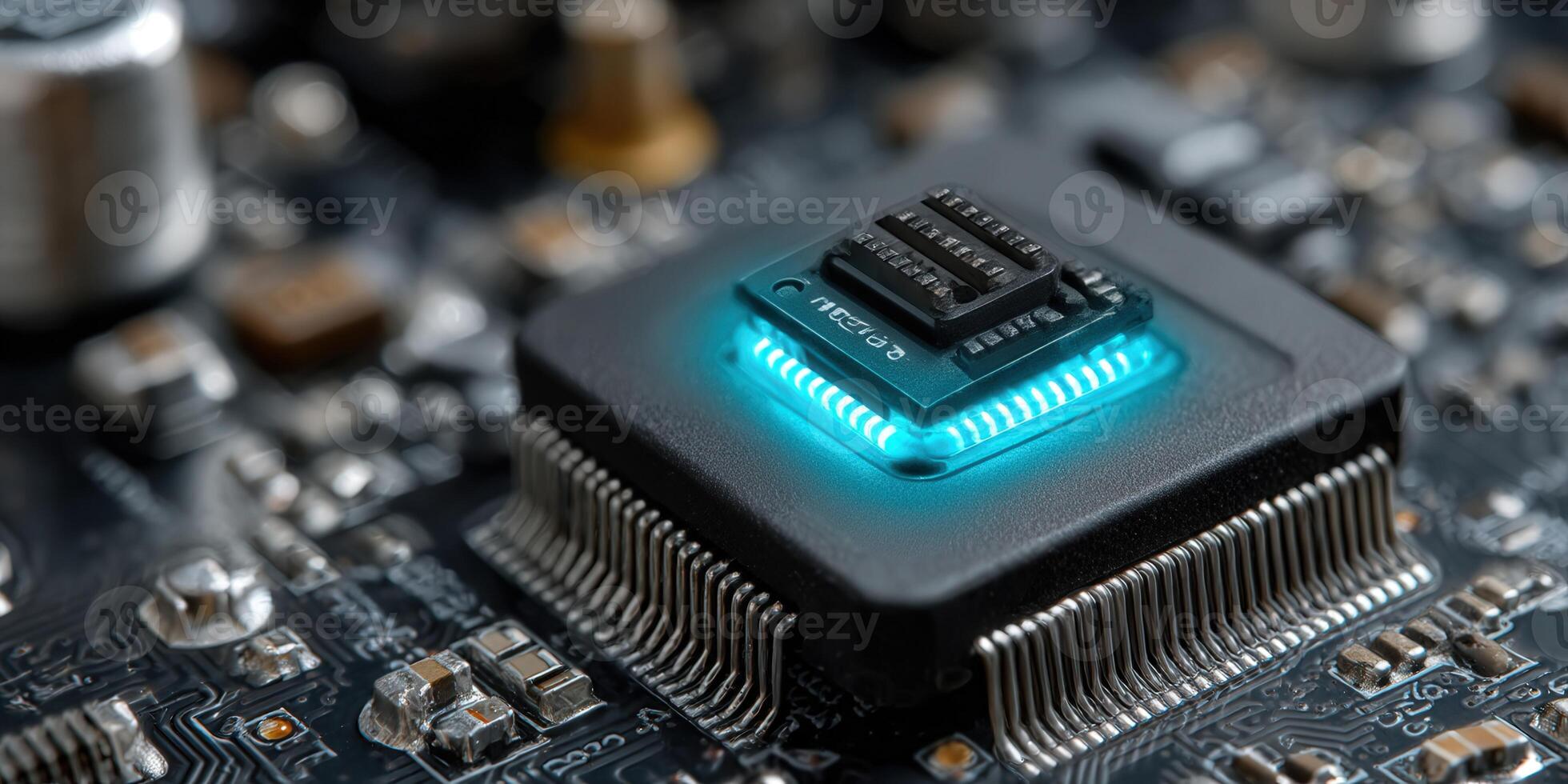 Intricate view of a computer processor with glowing blue lights, highlighting electronic components. photo