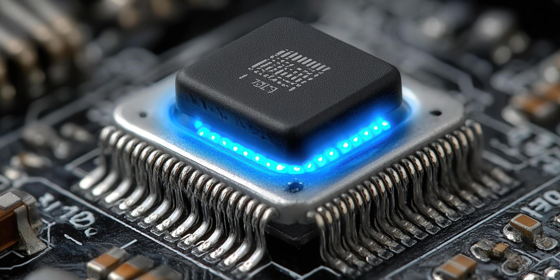 A detailed view of a computer processor with bright blue illumination, highlighting technological advancements. photo