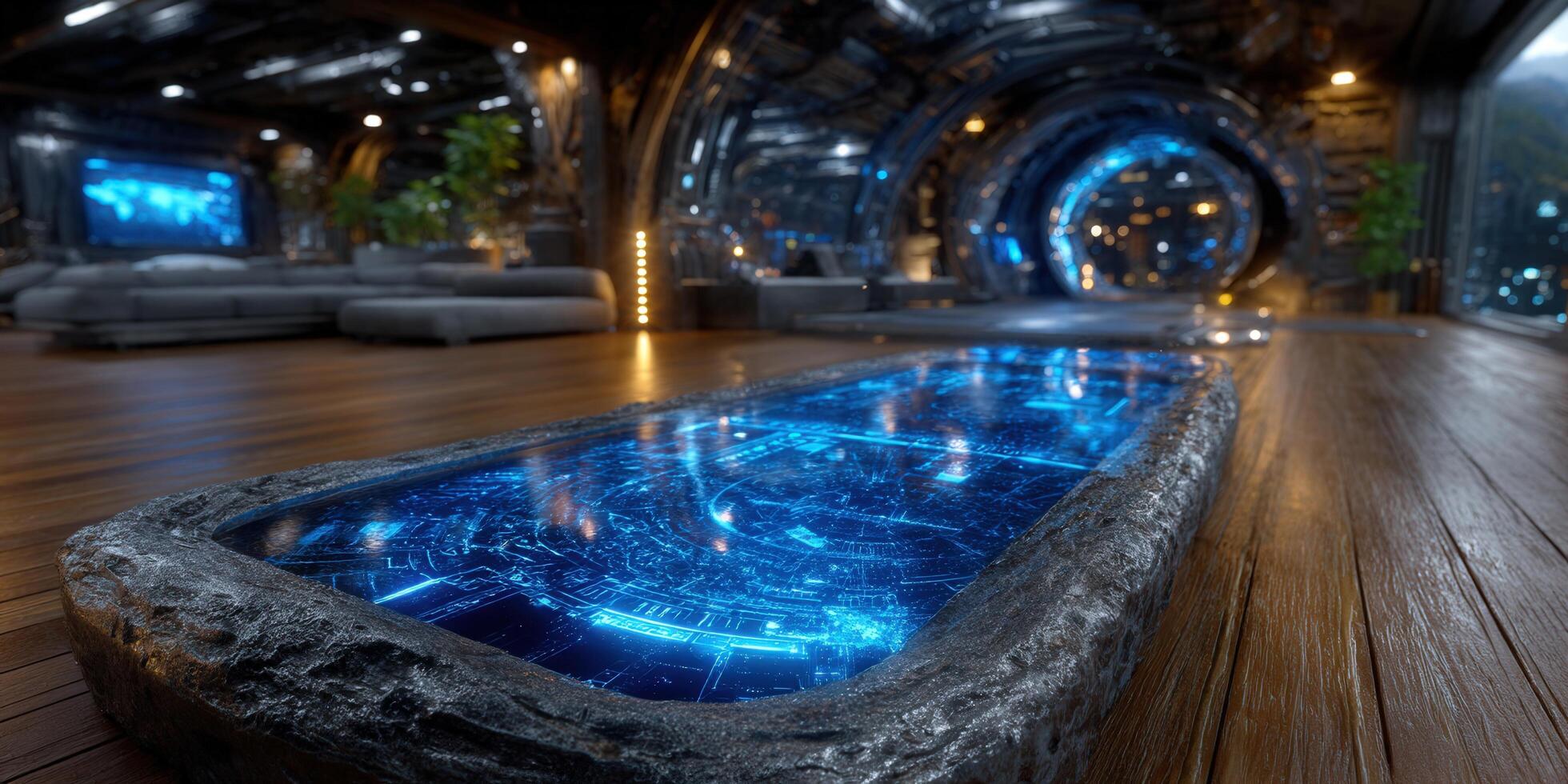 A futuristic interior showcases a glowing blue interface on a stone table, creating a luxurious and high-tech setting. photo